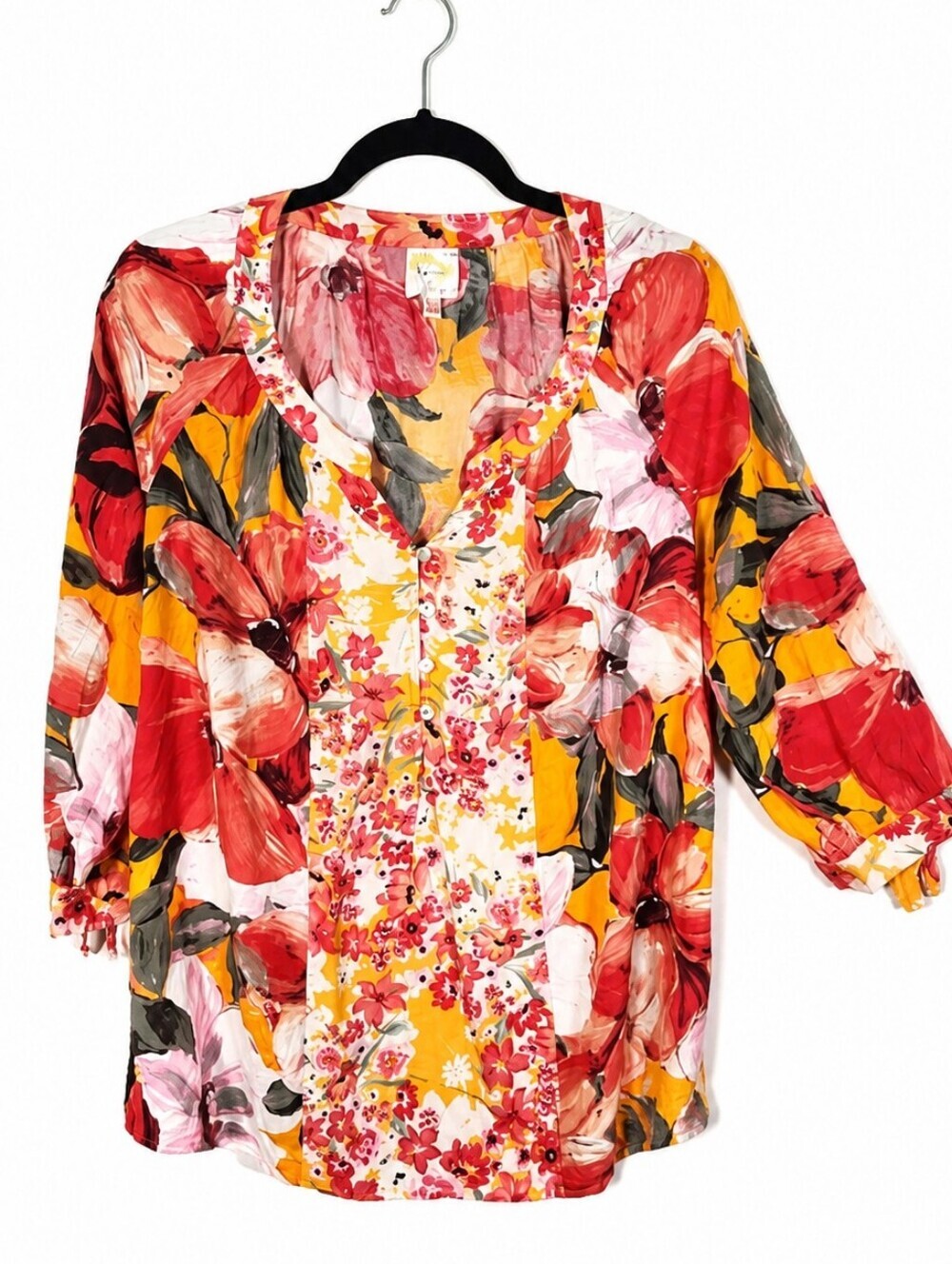 Fig & Flower Yellow & Pink Floral Button-Front Blouse | Boho Cottagecore